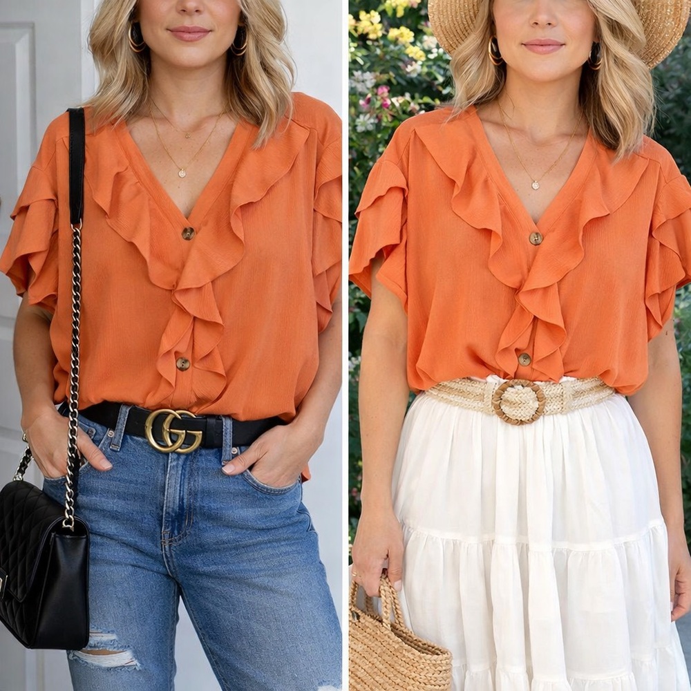 ODDY Orange Ruffle V-Neck Blouse